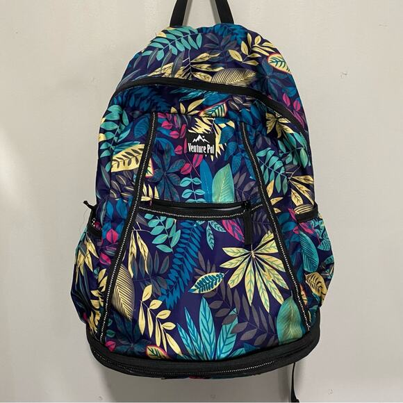 Blue and Yellow Tropical Print Backpack with Multiple Compartments - Picture 6 of 6